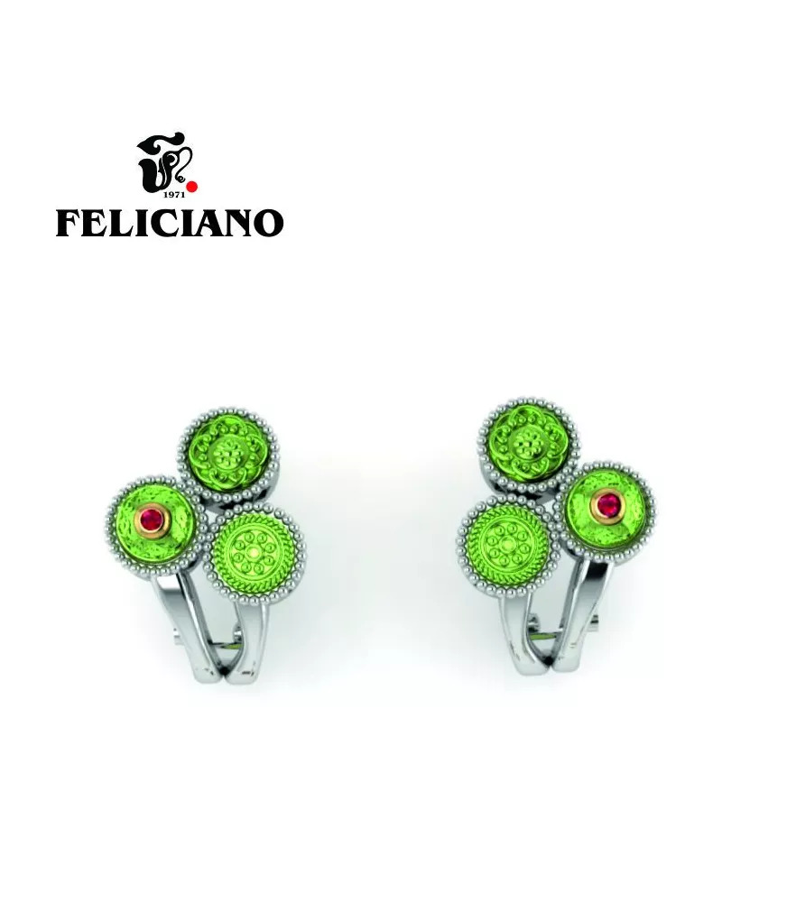 PENDIENTE CORTO OMEGA EN PLATA, BRONCE, BRONCE OXIDADO VERDE Y CUARZO HIDROTERMAL ROJO