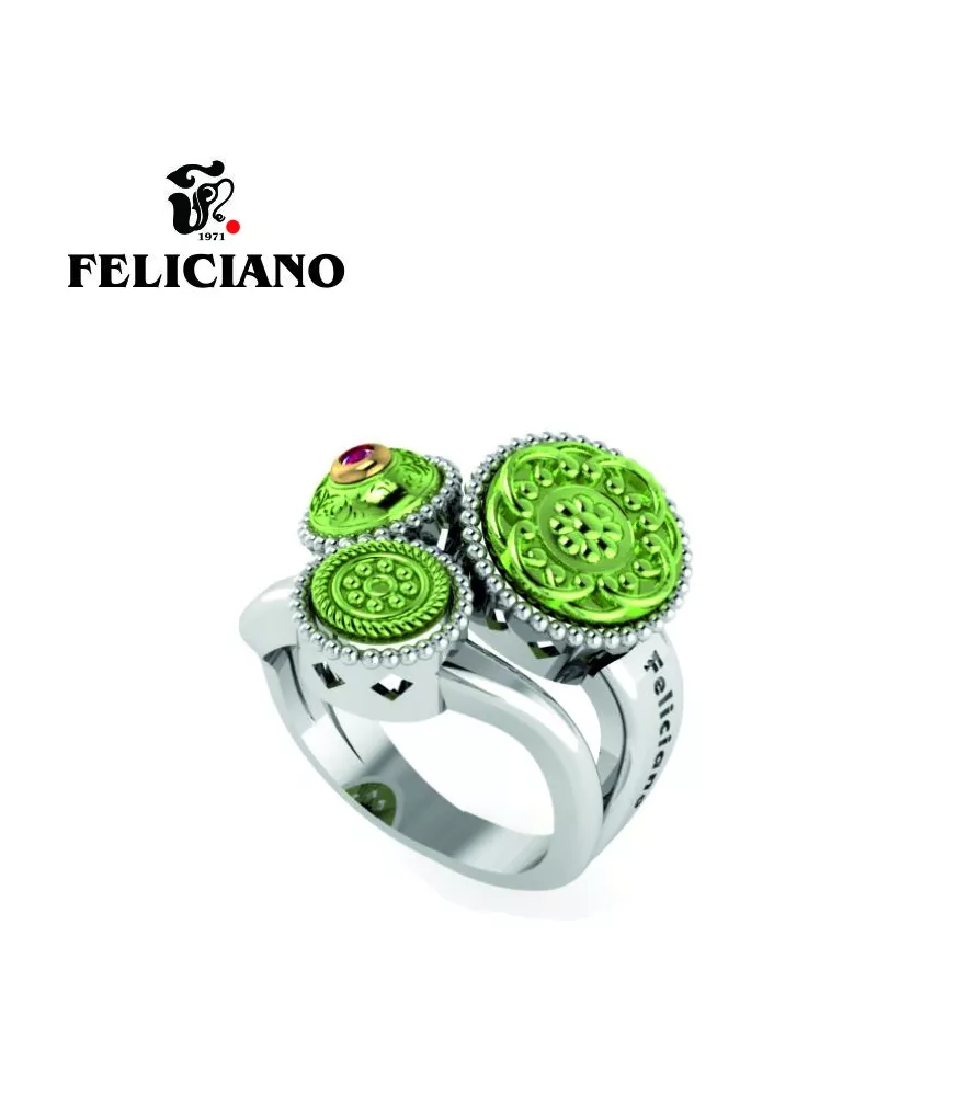 ANILLO TRES PIEZAS. DOS PEQUEÑAS Y UNA GRANDE EN PLATA, BRONCE, BRONCE OXIDADO EN VERDE Y CUARZO HIDROTERMAL ROJO