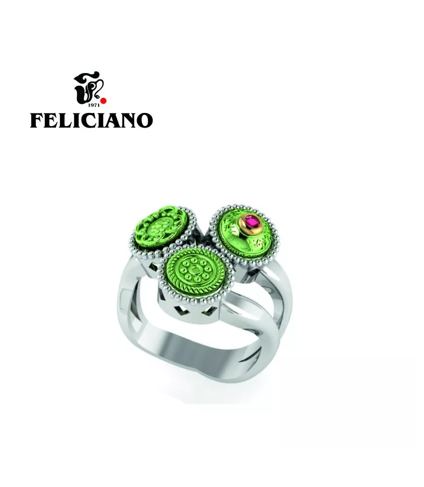ANILLO TRES PIEZAS DEL MISMO TAMAÑO EN PLATA, BRONCE, BRONCE OXIDADO EN VERDE Y CUARZO HIDROTERMAL ROJO