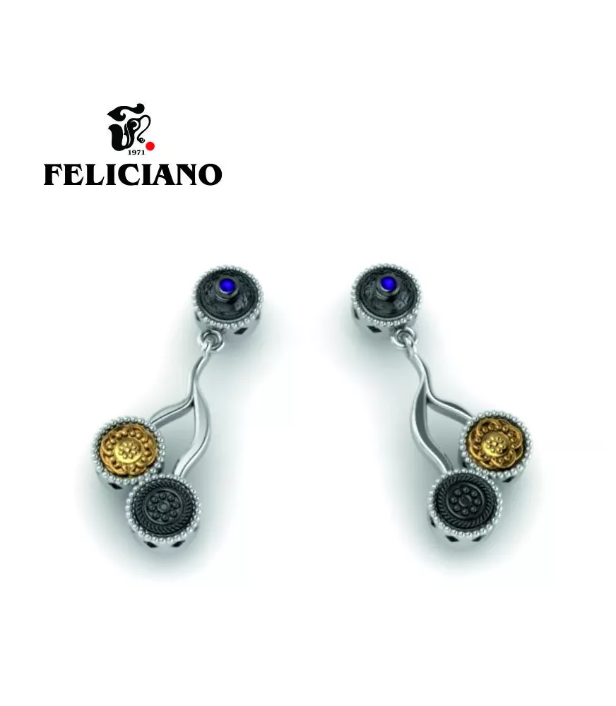 PENDIENTE LARGO EN PLATA, PLATA OXIDADA, BRONCE  Y CUARZO HIDROTERMAL MORADO