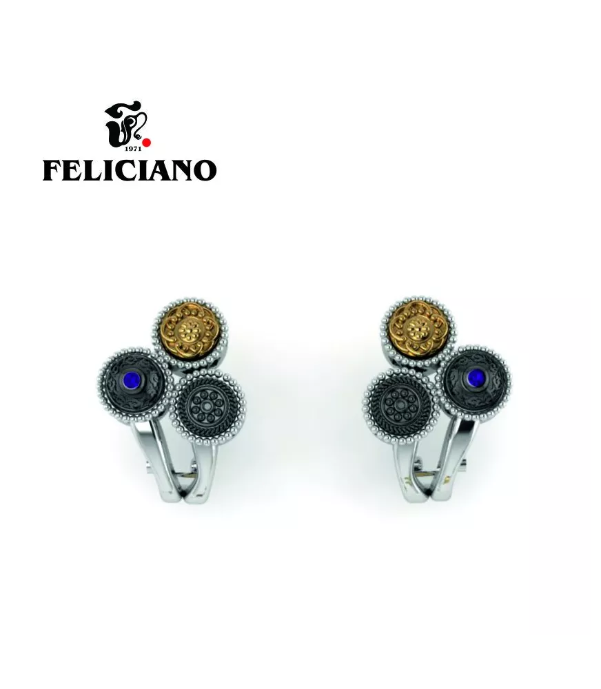 PENDIENTE CORTO OMEGA EN PLATA, PLATA OXIDADA, BRONCE Y CUARZO HIDROTERMAL MORADO