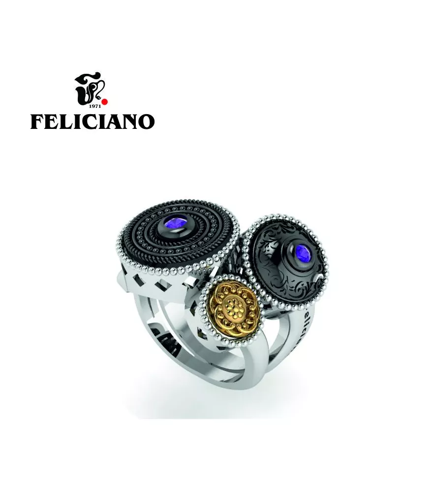 ANILLO TRES PIEZAS. DOS GRANDES Y UNA PEQUEÑA EN PLATA, PLATA OXIDADA, BRONCE Y CUARZO HIDROTERMAL MORADO