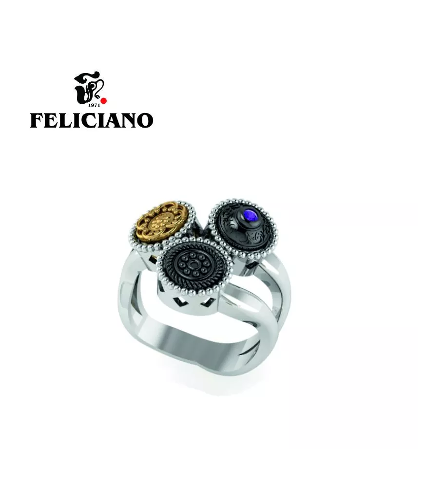 ANILLO TRES PIEZAS MISMO TAMAÑO EN PLATA, PLATA OXIDADA, BRONCE Y CUARZO HIDROTERMAL MORADO