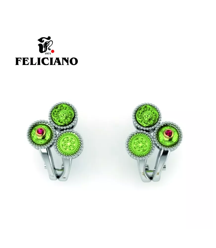 PENDIENTE CORTO OMEGA EN PLATA, BRONCE, BRONCE OXIDADO VERDE Y CUARZO HIDROTERMAL ROJO