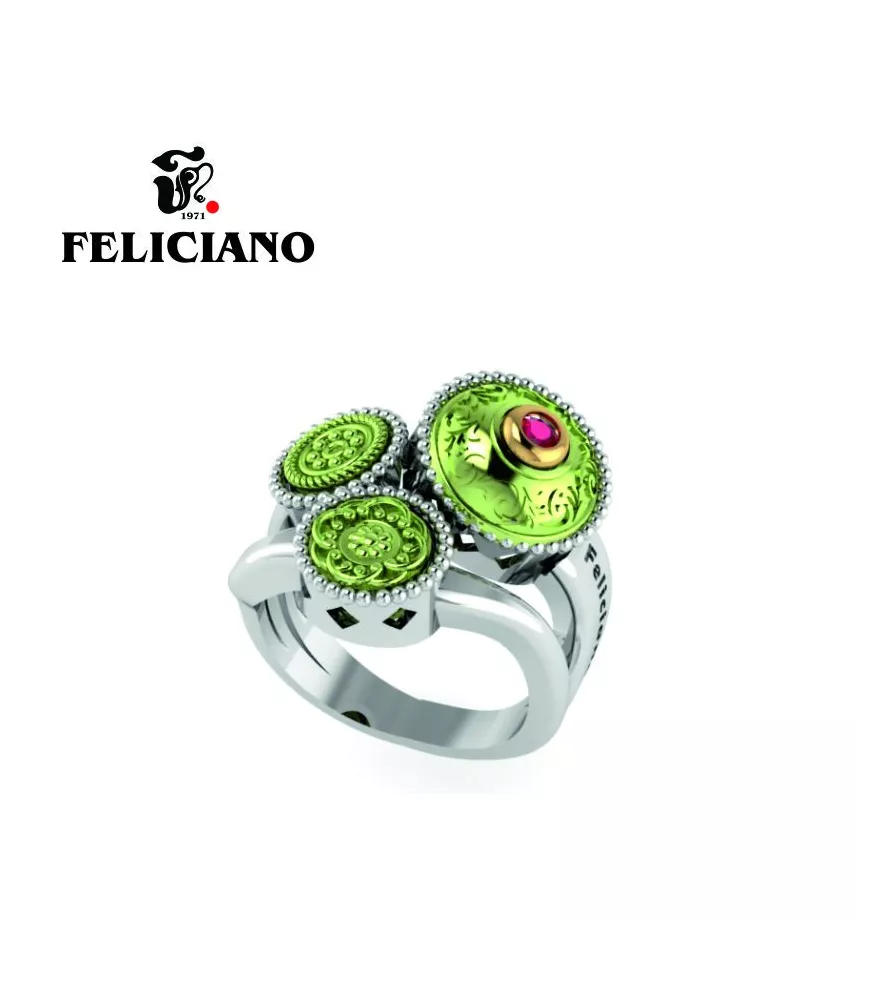 ANILLO TRES PIEZAS. DOS PEQUEÑAS Y UNA GRANDE EN PLATA, BRONCE, BRONCE OXIDADO Y CUARZO HIDROTERMAL ROJO