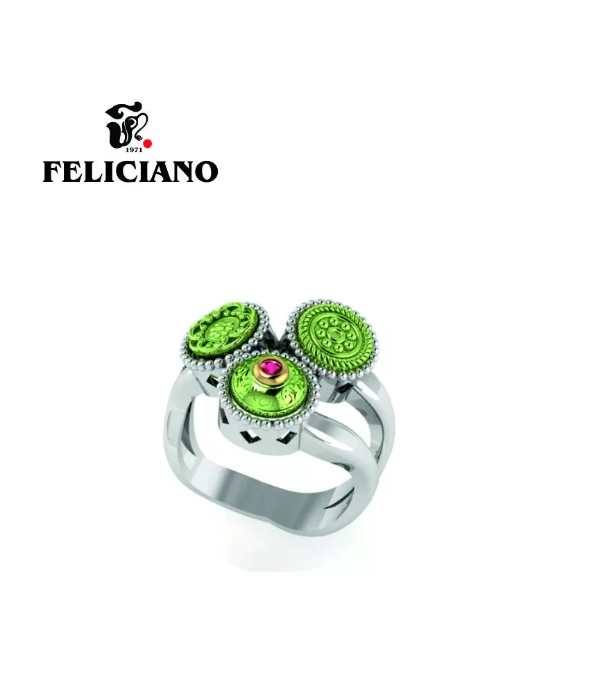 ANILLO TRES PIEZAS DE IGUAL TAMAÑO MONTADAS EN PLATA, BRONCE, BRONCE OXIDADO Y CUARZO HIDROTERMAL ROJO