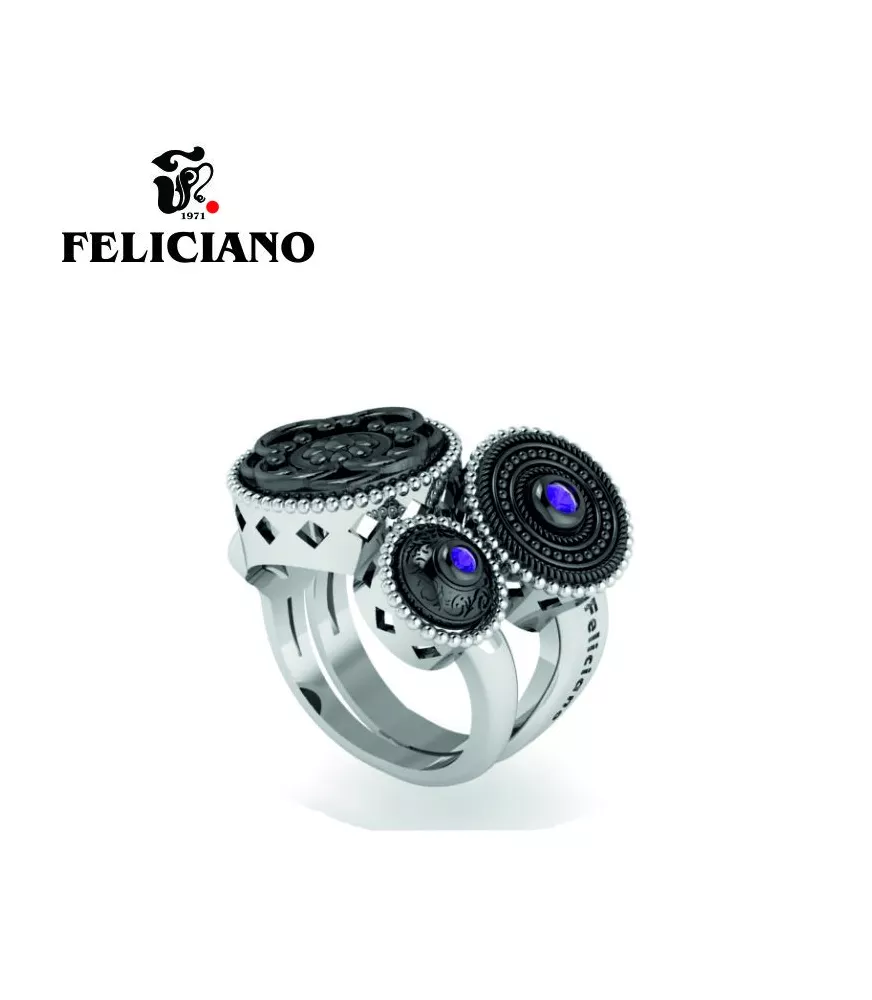 ANILLO TRES PIEZAS. DOS GRANDES Y UNA PEQUEÑA EN PLATA, PLATA OXIDADA Y CUARZO HIDROTERMAL MORADO