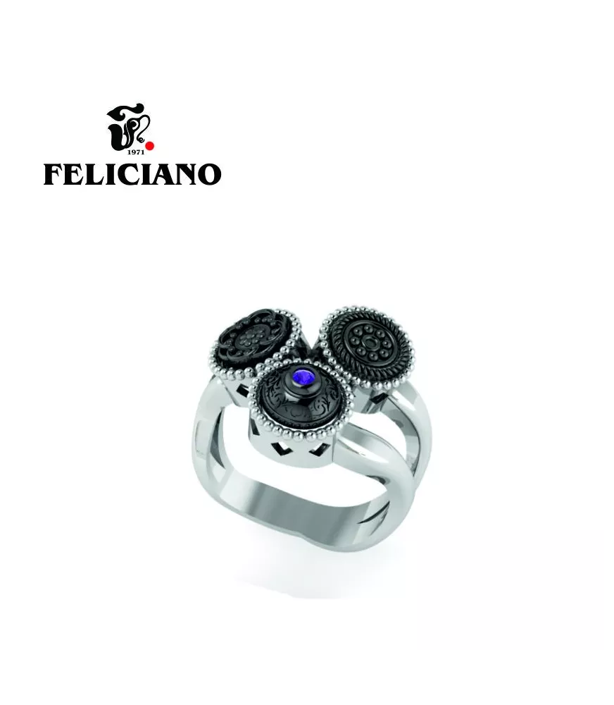 ANILLO TRES PIEZAS DEL MISMO TAMAÑO EN PLATA, PLATA OXIDADA Y CUARZO HIDROTERMAL MORADO