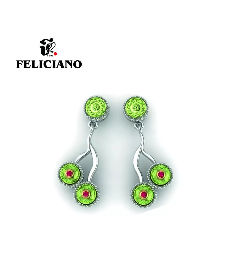 PENDIENTE LARGO EN PLATA, BRONCE, BRONCE OXIDADO VERDE Y CUARZO HIDROTERMAL ROJO