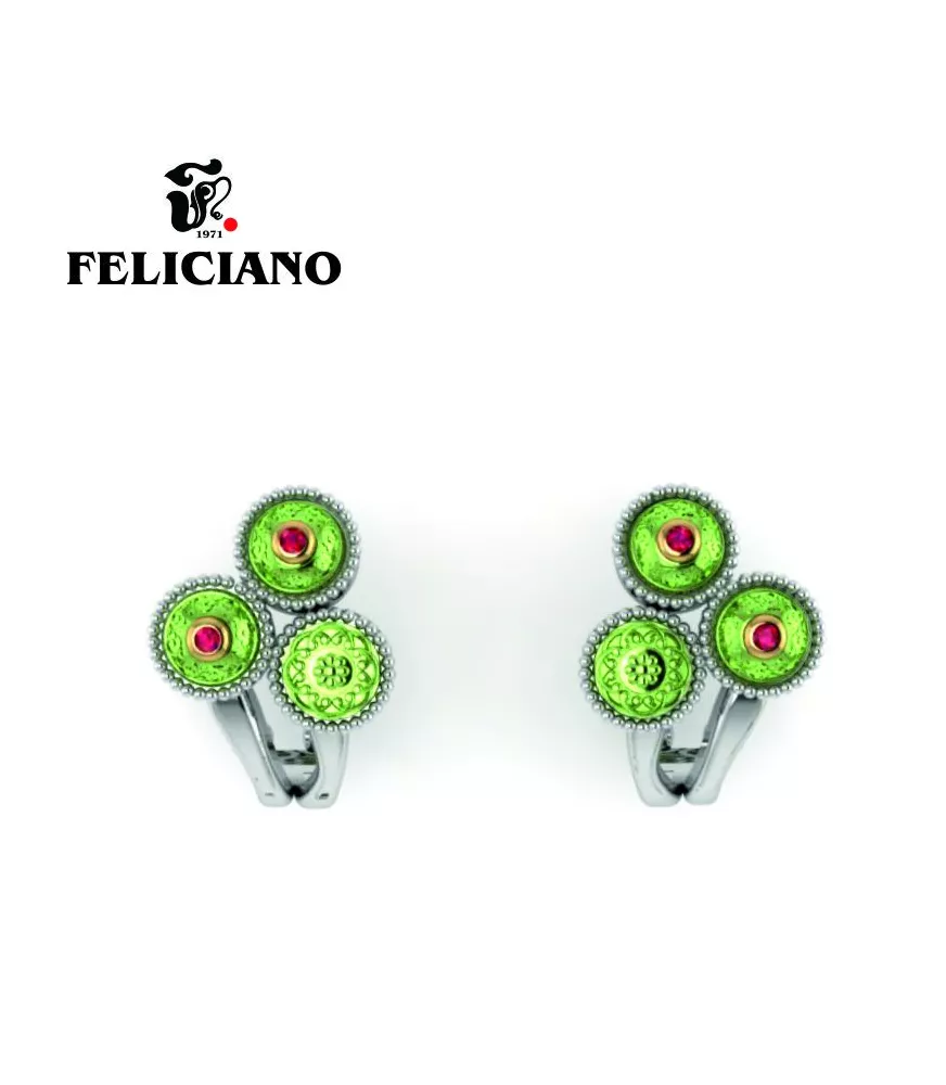 PENDIENTE CORTO OMEGA EN PLATA, BRONCE, BRONCE OXIDADO VERDE Y CUARZO HIDROTERMAL ROJO