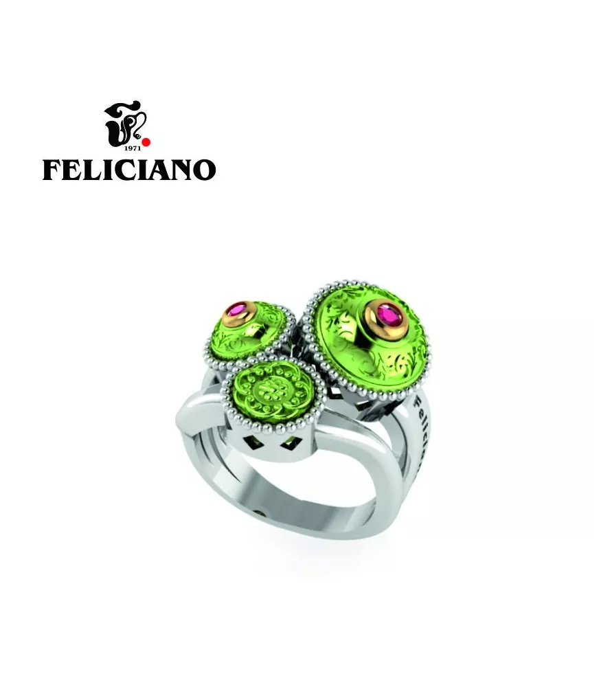 ANILLO TRES PIEZAS. DOS PEQUEÑAS Y UNA GRANDE EN PLATA, BRONCE, BRONCE OXIDADO VERDE Y CUARZO HIDROTERMAL ROJO