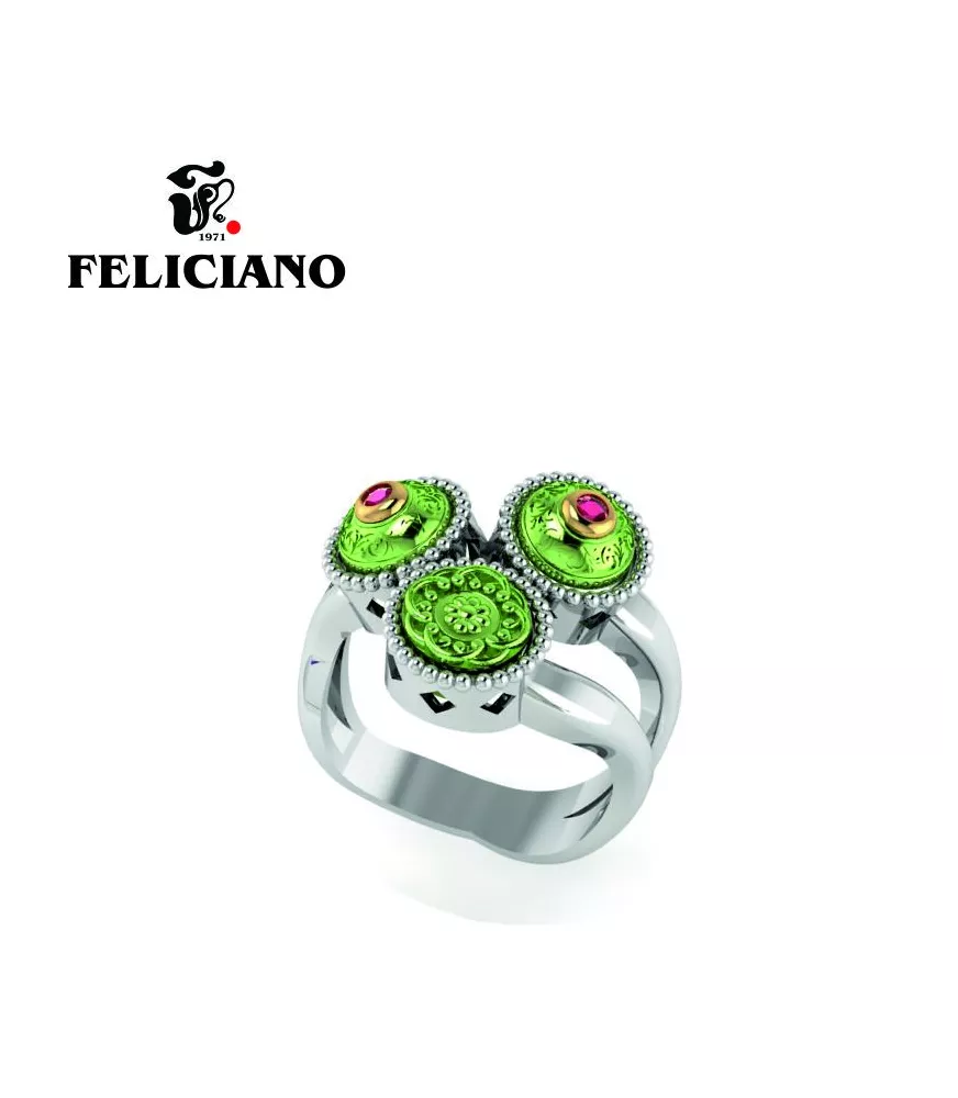 ANILLO TRES PIEZAS DEL MISMO TAMAÑO EN PLATA, BRONCE, BRONCE OXIDADO VERDE Y CUARZO HIDROTERMAL ROJO