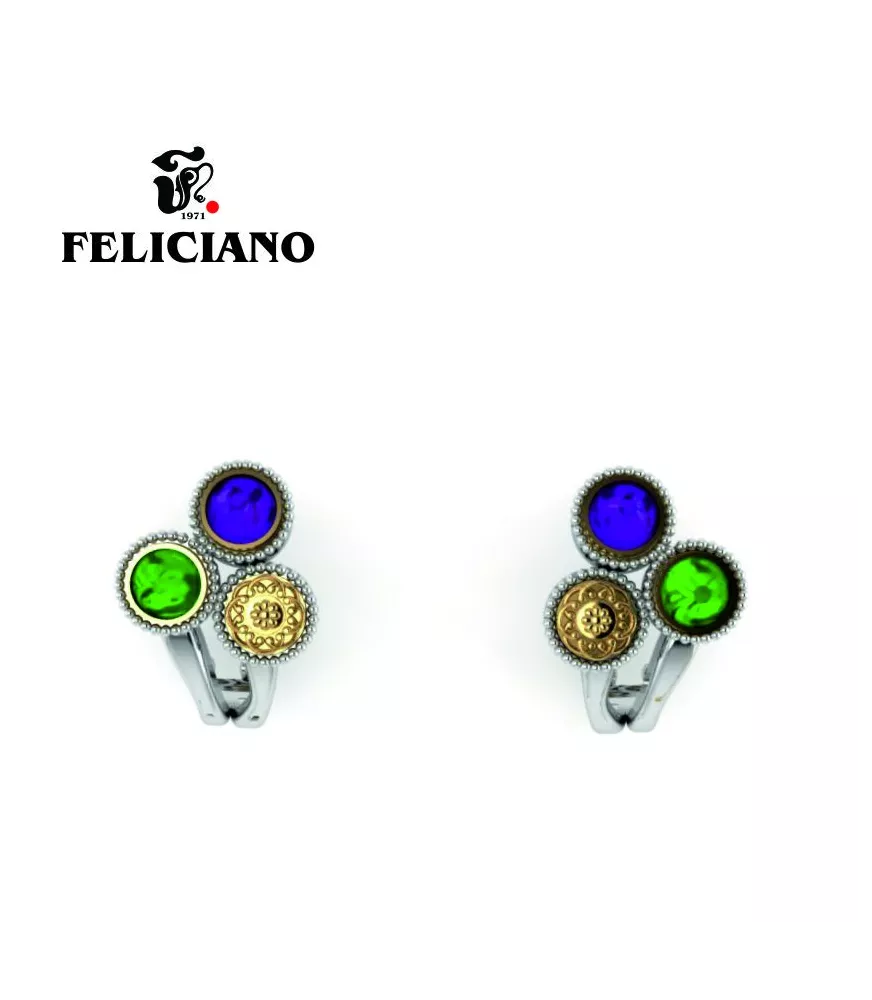 PENDIENTE CORTO OMEGA EN PLATA, BRONCE Y CUARZO HIDROTERMAL EN VERDE Y MORADO