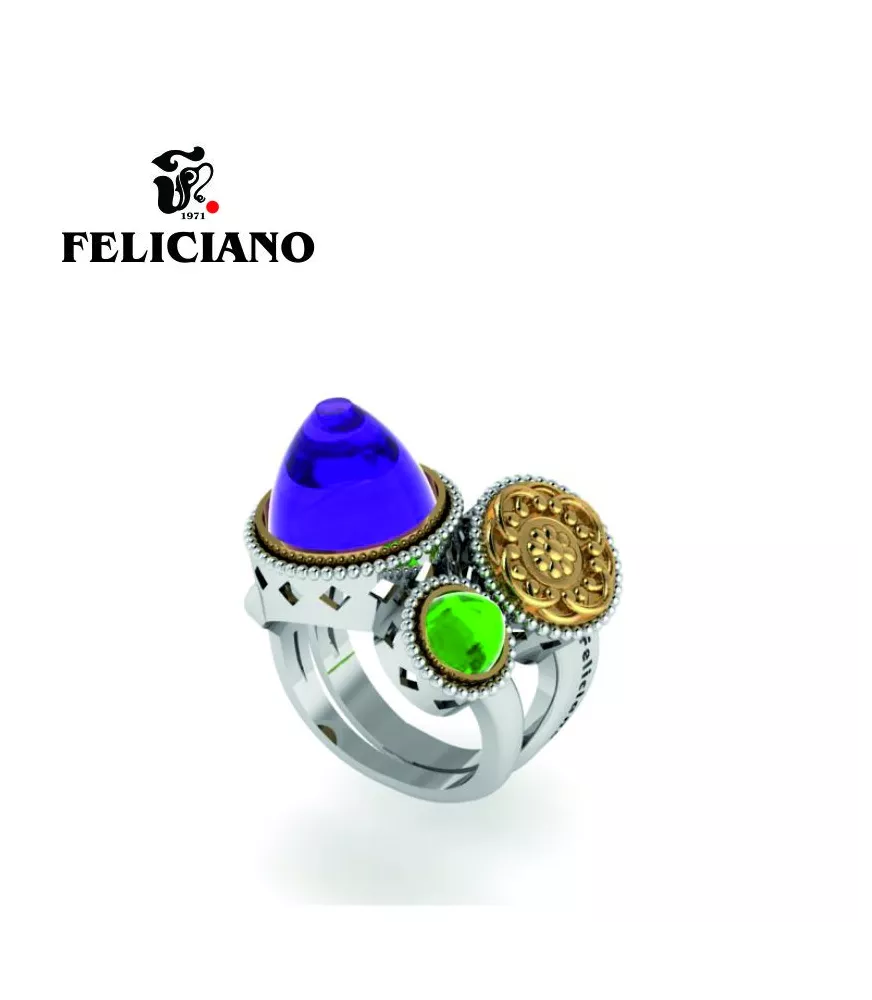 ANILLO TRES PIEZAS. DOS GRANDES Y UNA PEQUEÑA EN PLATA, BRONCE Y CUARZO HIDROTERMAL EN VERDE Y MORADO