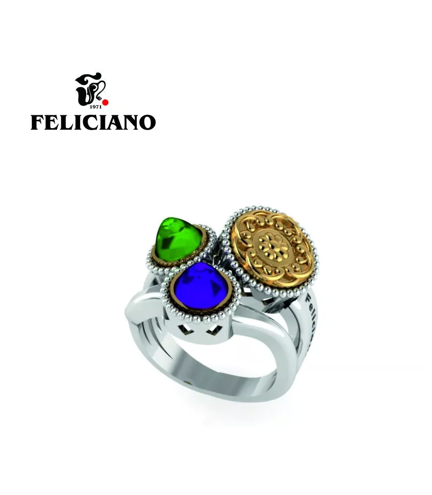 ANILLO TRES PIEZAS. DOS PEQUEÑAS Y UNA GRANDE EN PLATA, BRONCE Y CUARZO HIDROTERMAL EN VERDE  Y MORADO