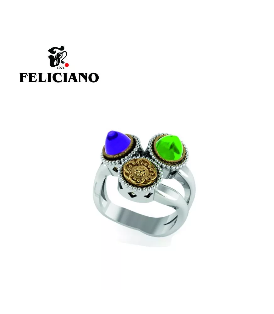 ANILLO TRES PIEZAS DEL MISMO TAMAÑO EN PLATA, BRONCE Y CUARZO HIDROTERMAL EN VERDE Y MORADO