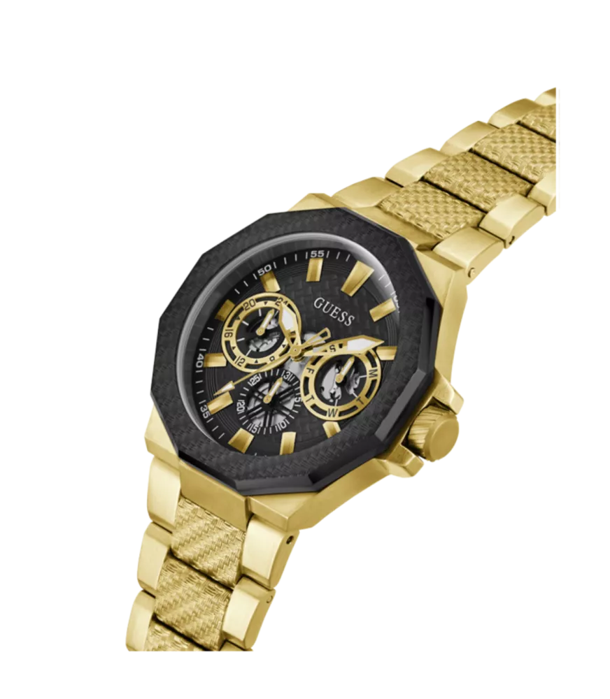 Cuarzo ,analógico, 3 agujas y multifunción. Con correa de acero dorado