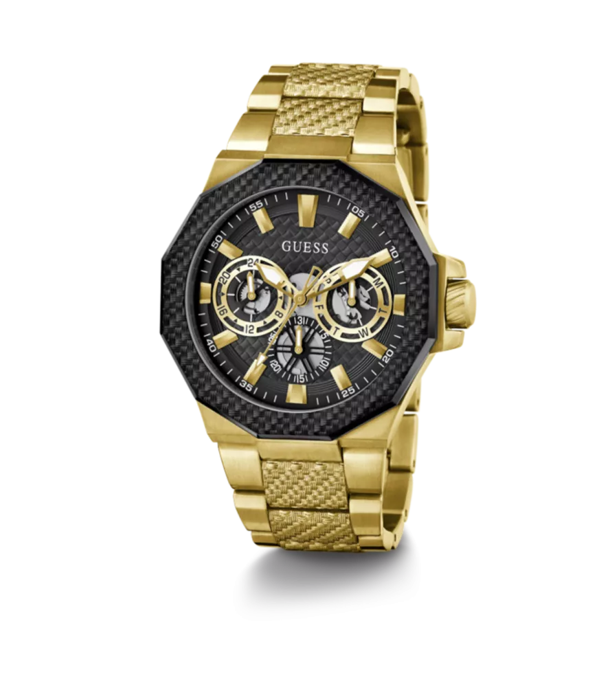 Cuarzo ,analógico, 3 agujas y multifunción. Con correa de acero dorado