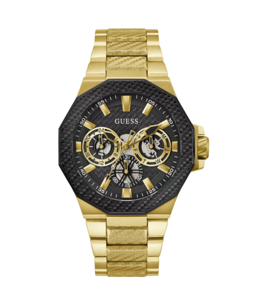 Cuarzo ,analógico, 3 agujas y multifunción. Con correa de acero dorado