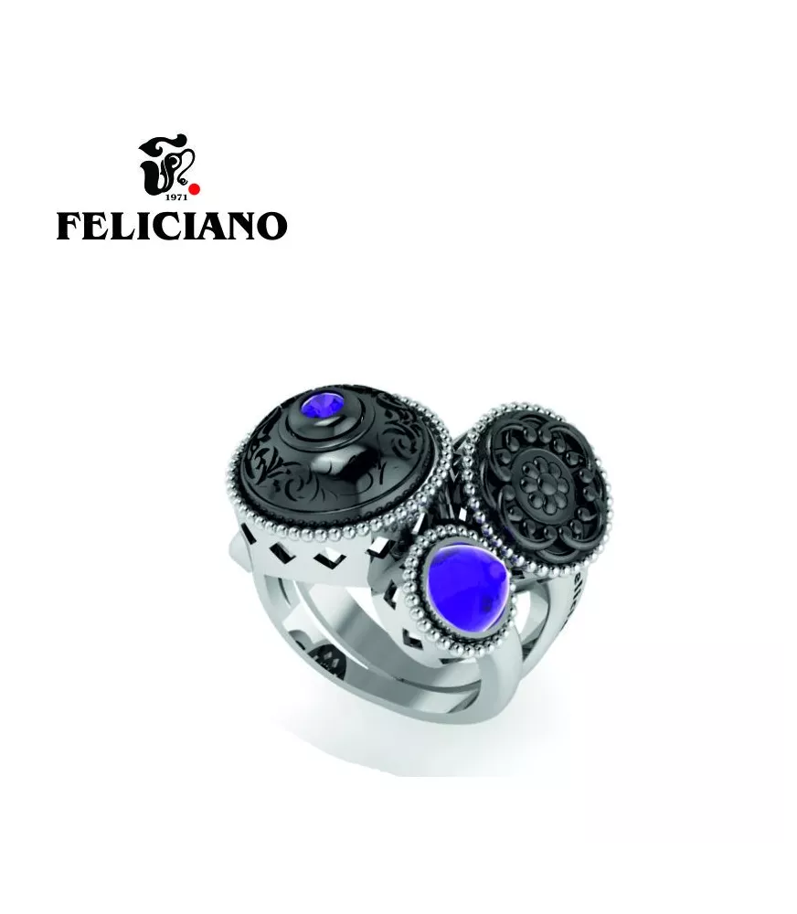 ANILLO TRES PIEZAS. DOS GRANDES Y UNA PEQUEÑA EN PLATA, PLATA OXIDADA Y CUARZO HIDROTERMAL MORADO