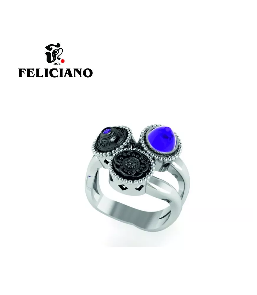 ANILLO TRES PIEZAS DEL MISMO TAMAÑO EN PLATA, PLATA OXIDADA Y CUARZO HIDROTERMAL MORADO