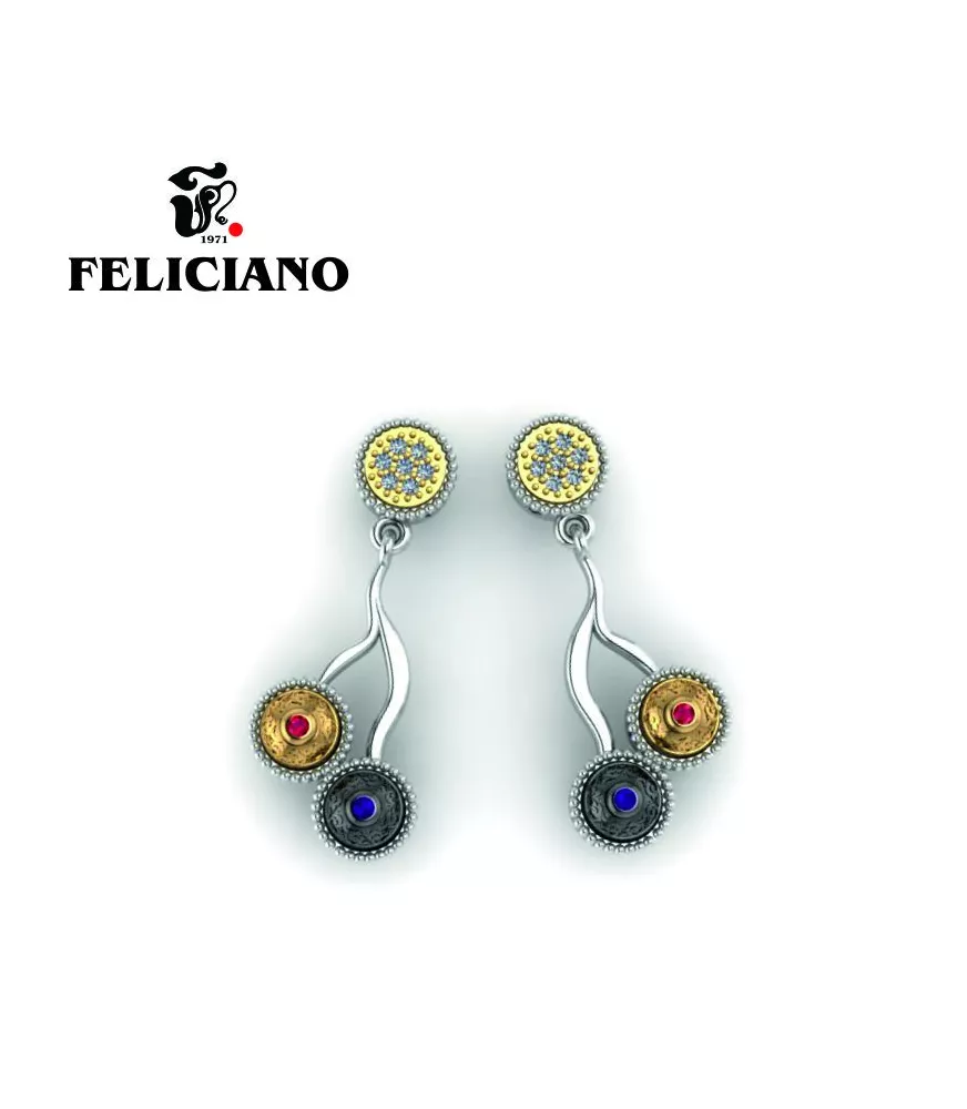 PENDIENTE LARGO EN PLATA, PLATA OXIDADA, BRONCE, CIRCONITAS Y CUARZO HIDROTERMAL EN ROJO Y MORADO