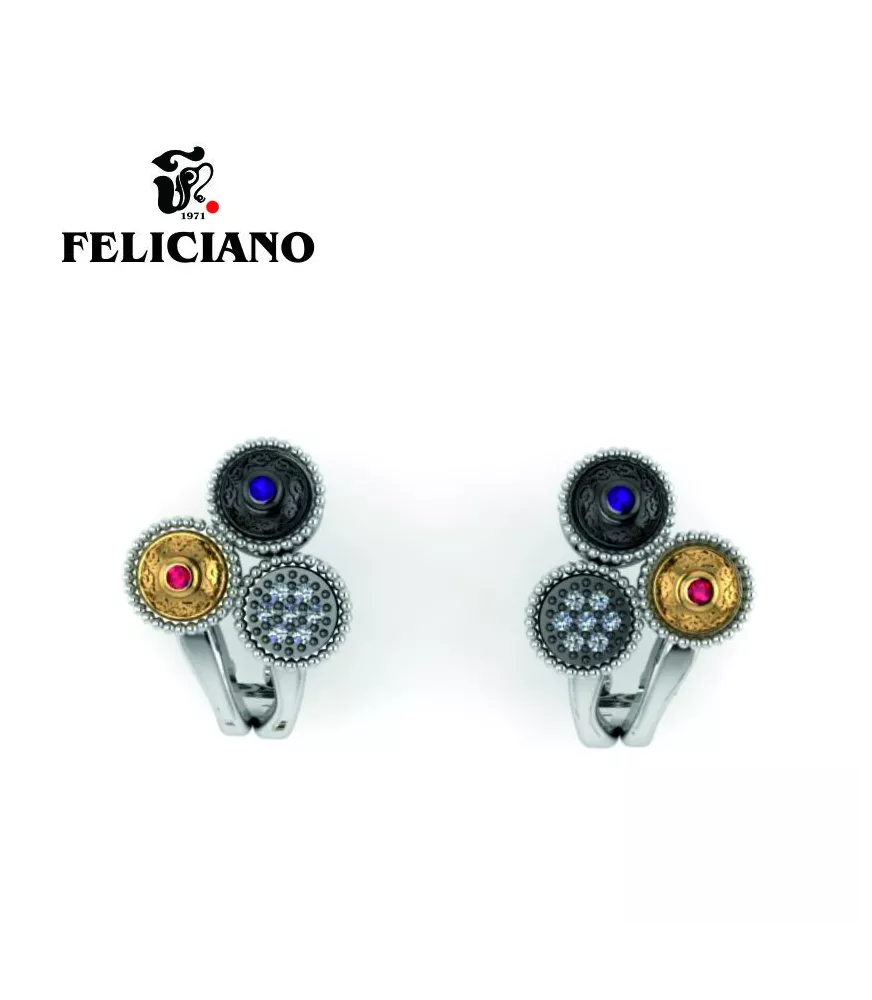 PENDIENTE CORTO OMEGA EN PLATA, PLATA OXIDADA, BRONCE, CIRCONITAS Y CUARZO HIDROTERMAL EN ROJO Y MORADO