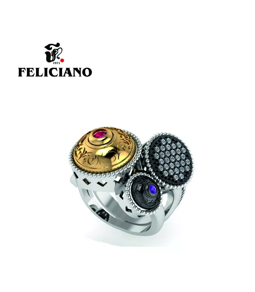 ANILLO TRES PIEZAS. DOS GRANDES Y UNA PEQUEÑA EN PLATA, PLATA OXIDADA, BRONCE, CIRCONITAS Y CUARZO HIDROTERMAL ROJO Y MORADO