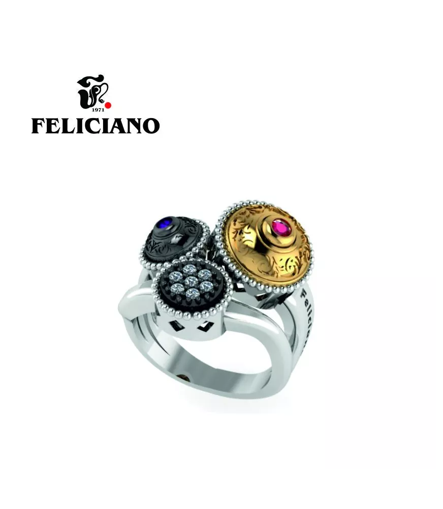 ANILLO TRES PIEZAS. DOS PEQUEÑAS Y UNA GRANDE EN PLATA, PLATA OXIDADA, BRONCE, CIRCONITAS Y CUARZO HIDROTERMAL EN ROJO Y MORADO