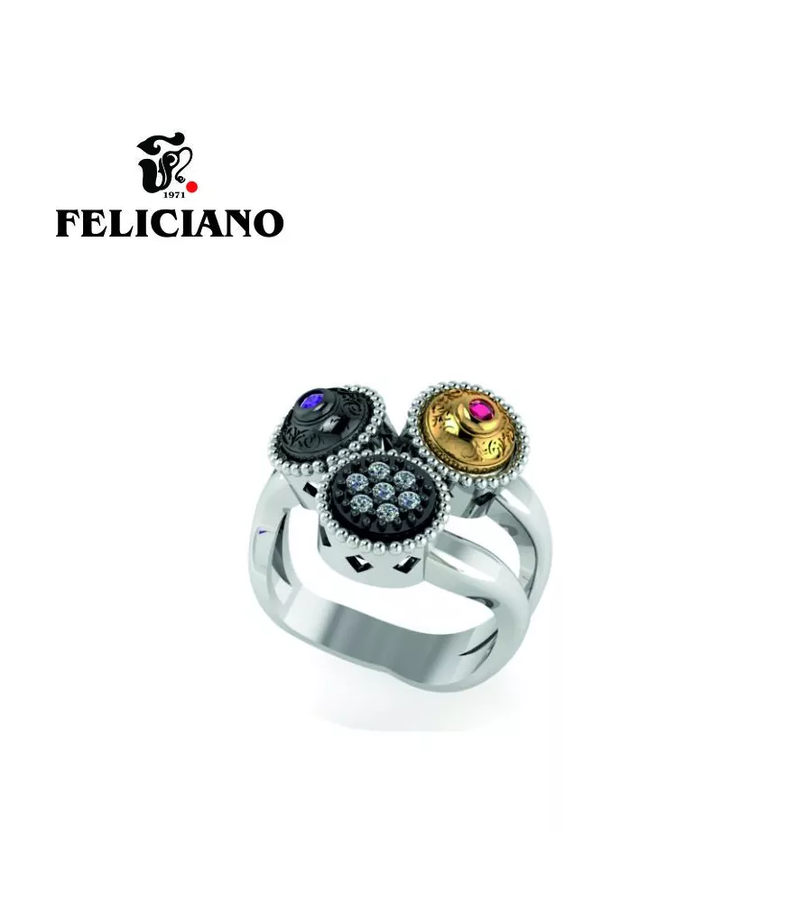 ANILLO TRES PIEZAS DEL MISMO TAMAÑO EN PLATA, PLATA OXIDADA, BRONCE, CIRCONITAS Y CUARZO HIDROTERMAL EN ROJO Y MORADO