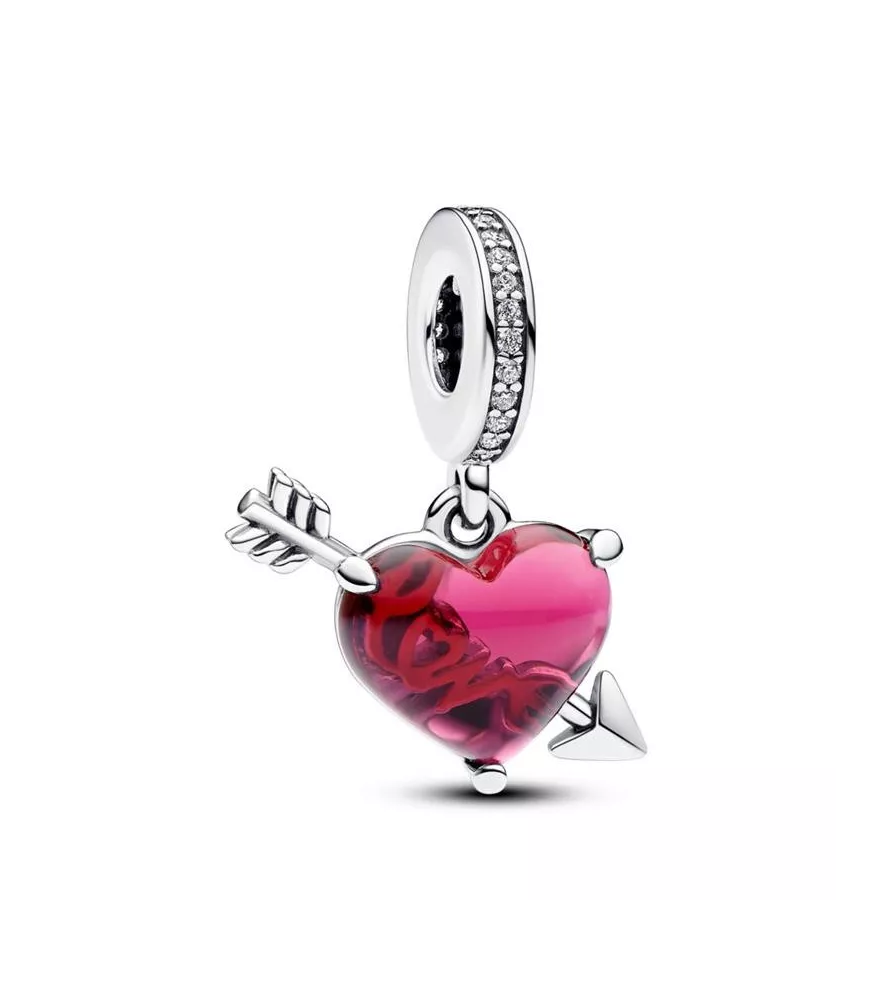 Charm Colgante en Plata de Ley de Cristal de Murano Corazón Rojo y Flecha