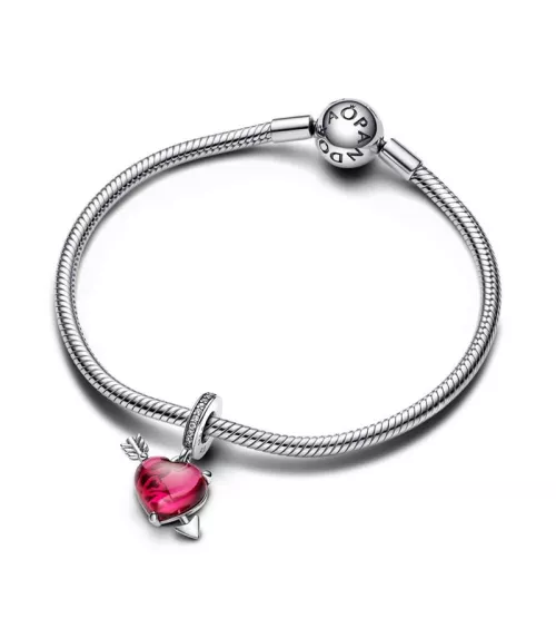 Charm Colgante en Plata de Ley de Cristal de Murano Corazón Rojo y Flecha