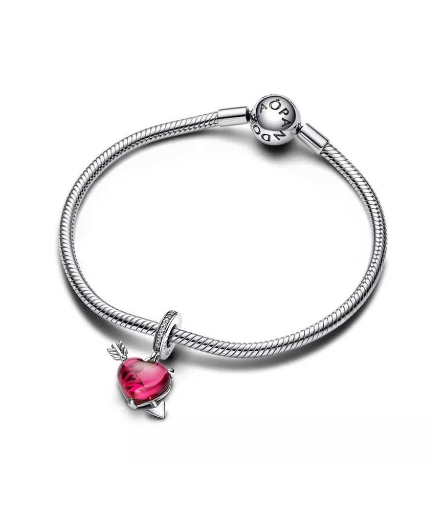 Charm Colgante en Plata de Ley de Cristal de Murano Corazón Rojo y Flecha