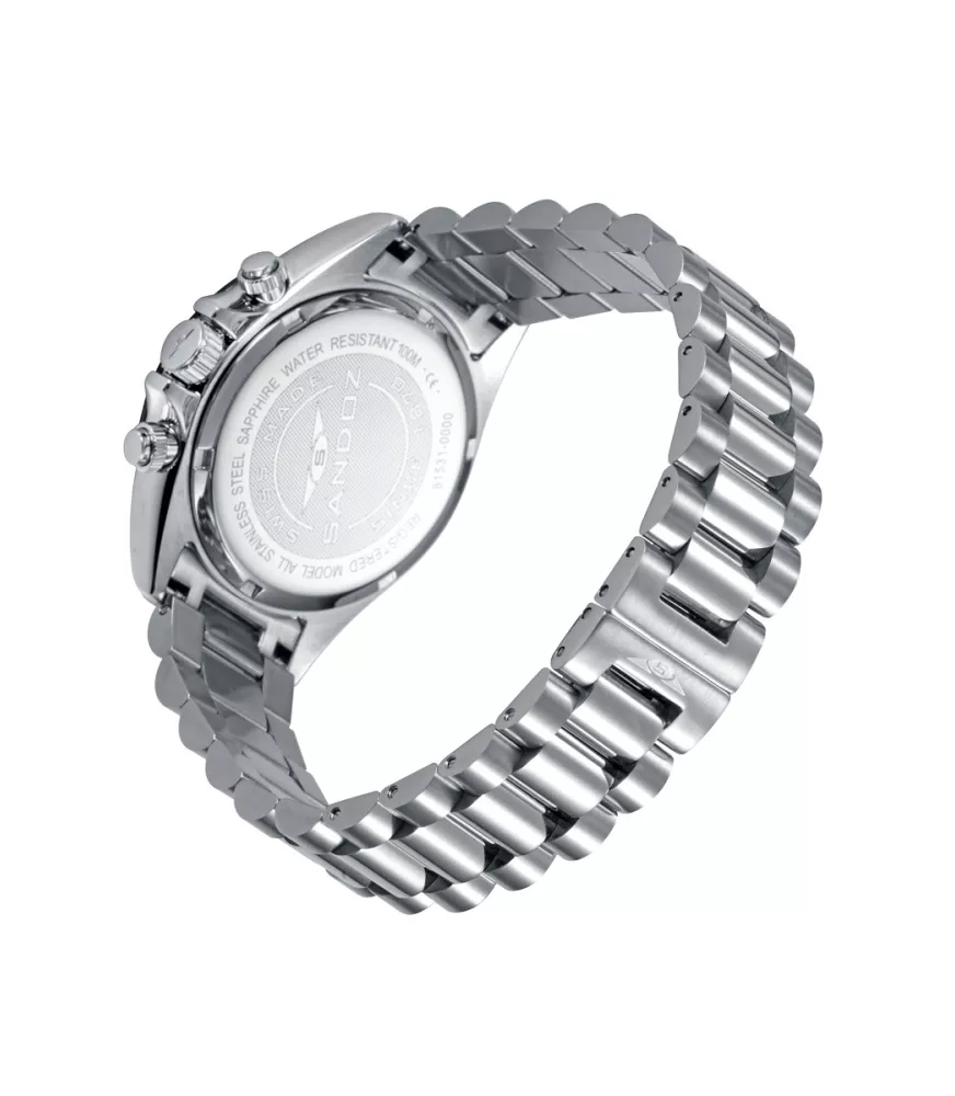 Cuarzo Suizo, 3 agujas, cronógrafo y calendario.