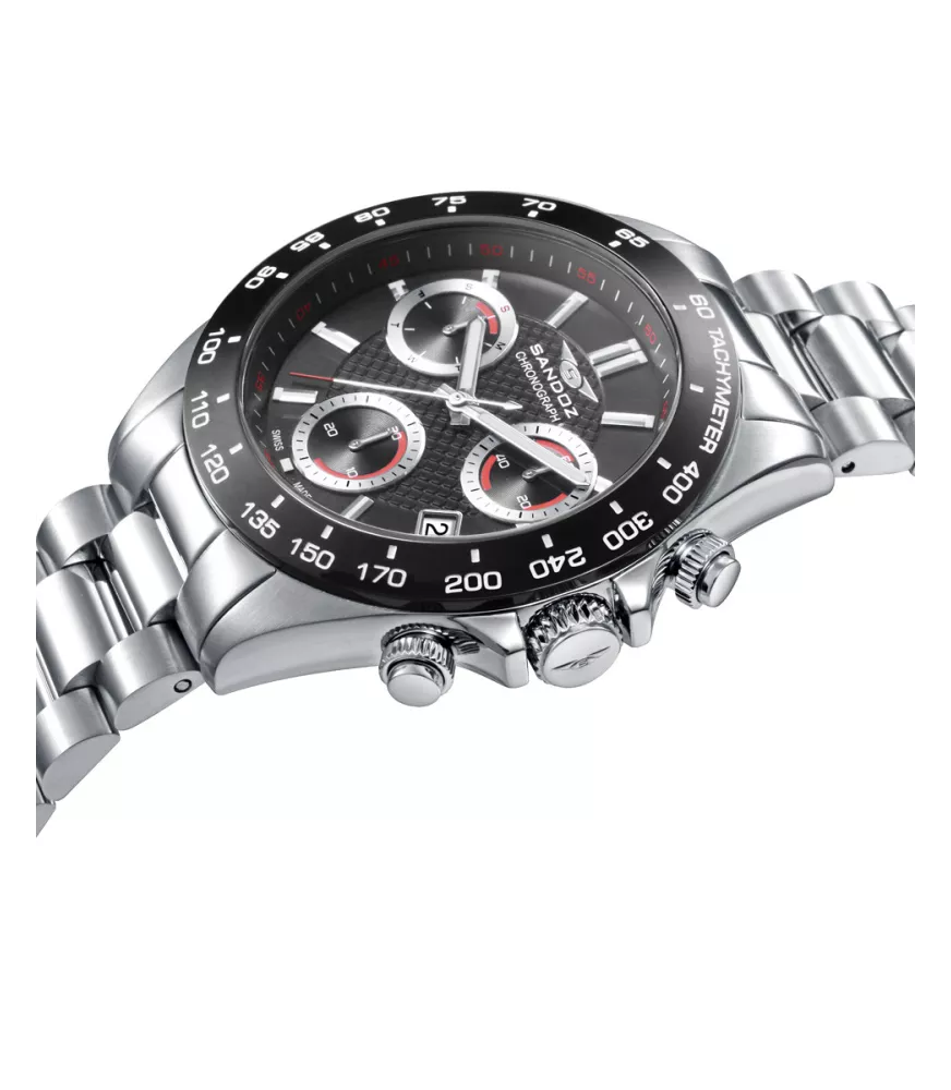 Cuarzo Suizo, 3 agujas, cronógrafo y calendario.