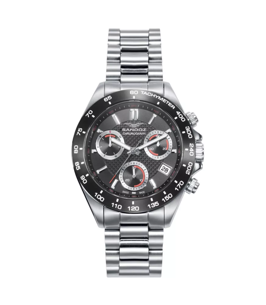 Cuarzo Suizo, 3 agujas, cronógrafo y calendario.