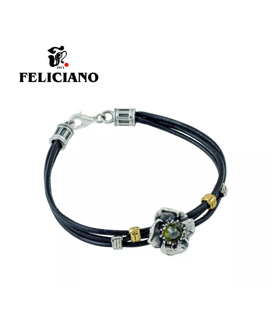 PULSERA DE CUERO Y PLATA FLOR PEQUEÑA