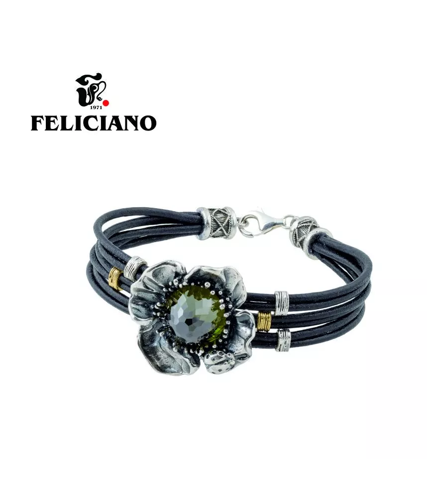 PULSERA DE CUERO, PLATA Y BRONCE FLOR GRANDE VERDE