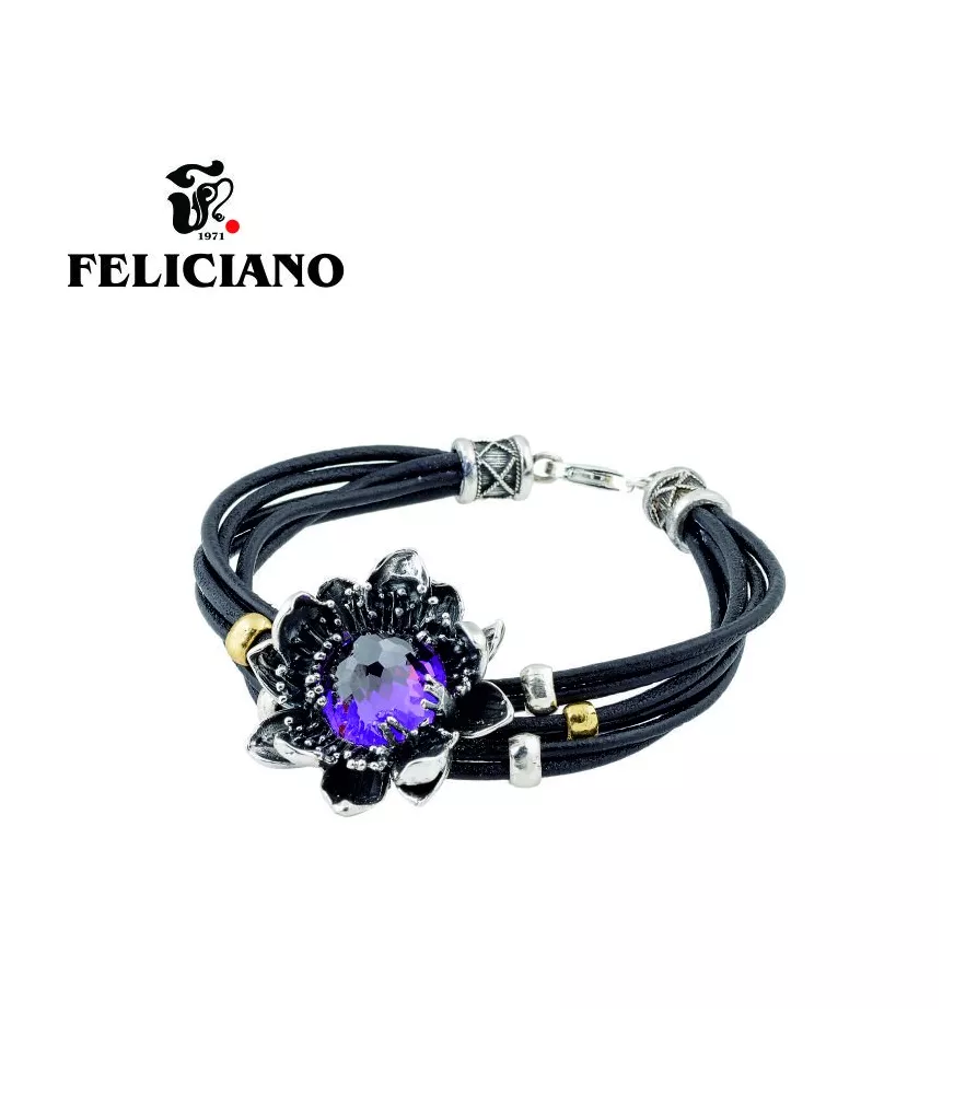 PULSERA DE CUERO, PLATA , BRONCE Y CUARZO HIDROTERMAL MORADO EN FORMA DE FLOR