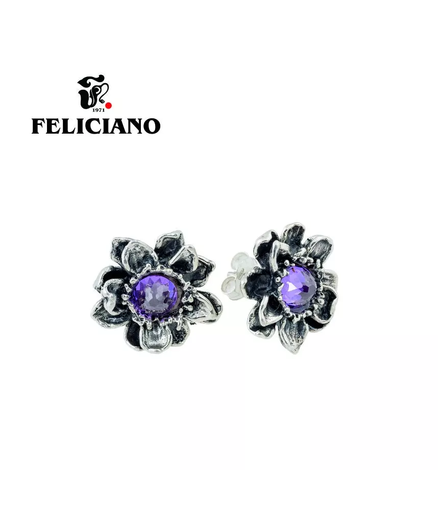 PENDIENTE  CORTO DE PLATA FLOR DOBLE MORADA