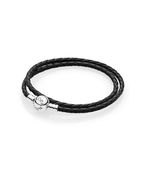 Pulsera Moments en cuero trenzado doble negro