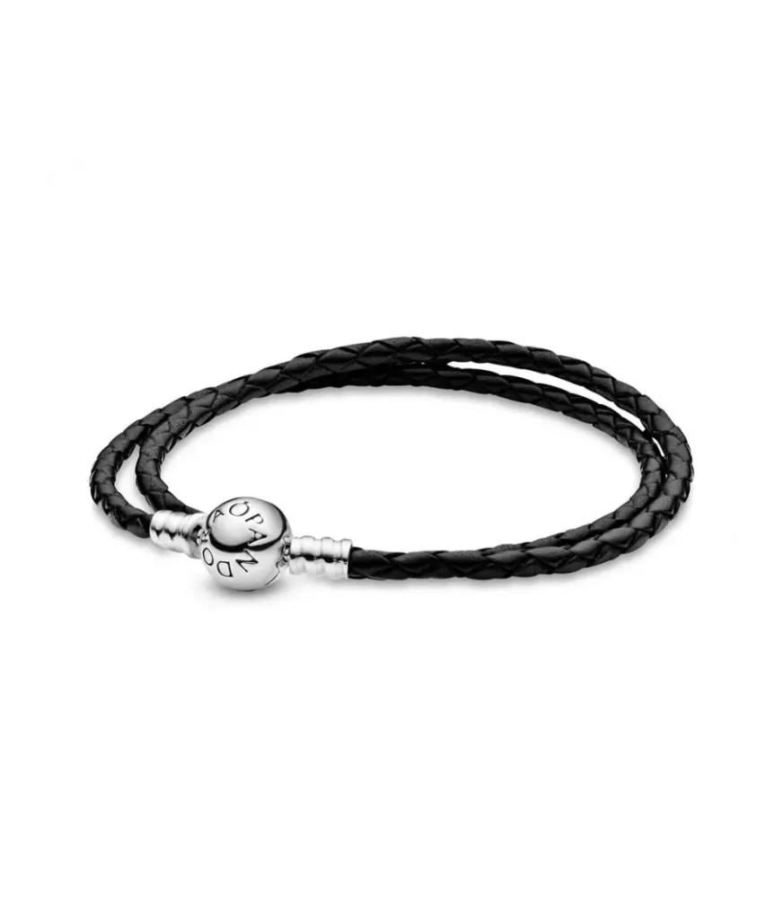 Pulsera Moments en cuero trenzado doble negro