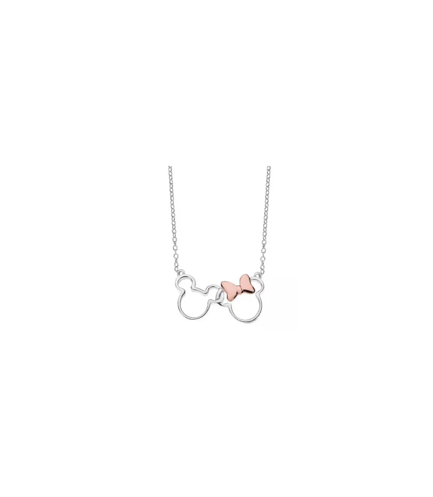 Colgante Disney Mickey y Minnie con lazo rosé, en plata 925 milésimas.