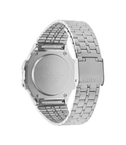 Reloj Casio vintage digital, con esfera negra y brazalete de acero.