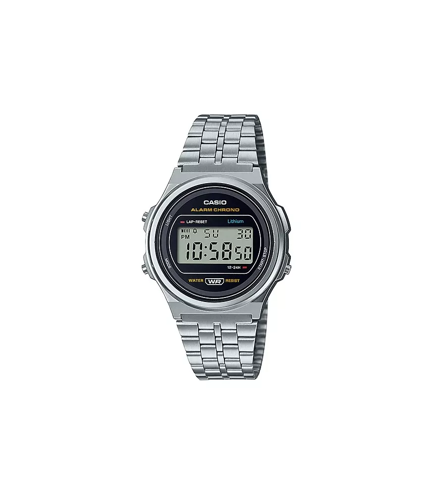 Reloj Casio vintage digital, con esfera negra y brazalete de acero.