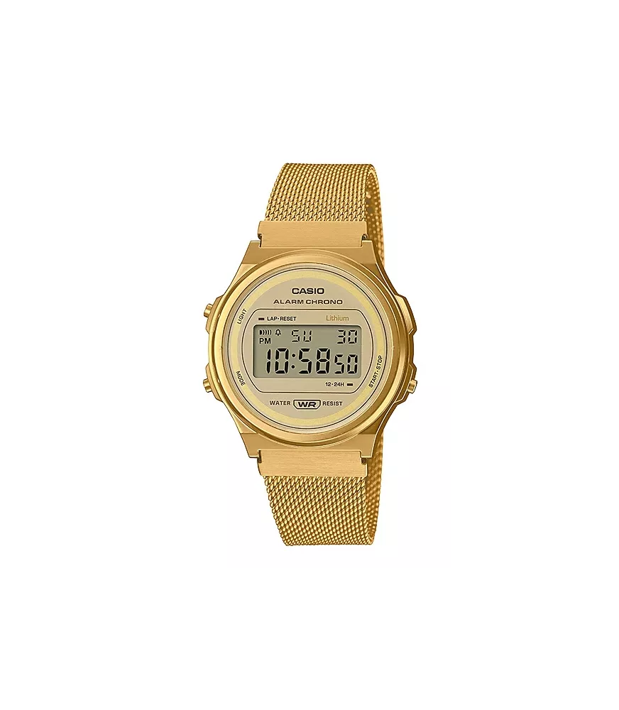 Reloj Casio vintage digital, con esfera y brazalete de acero dorado.