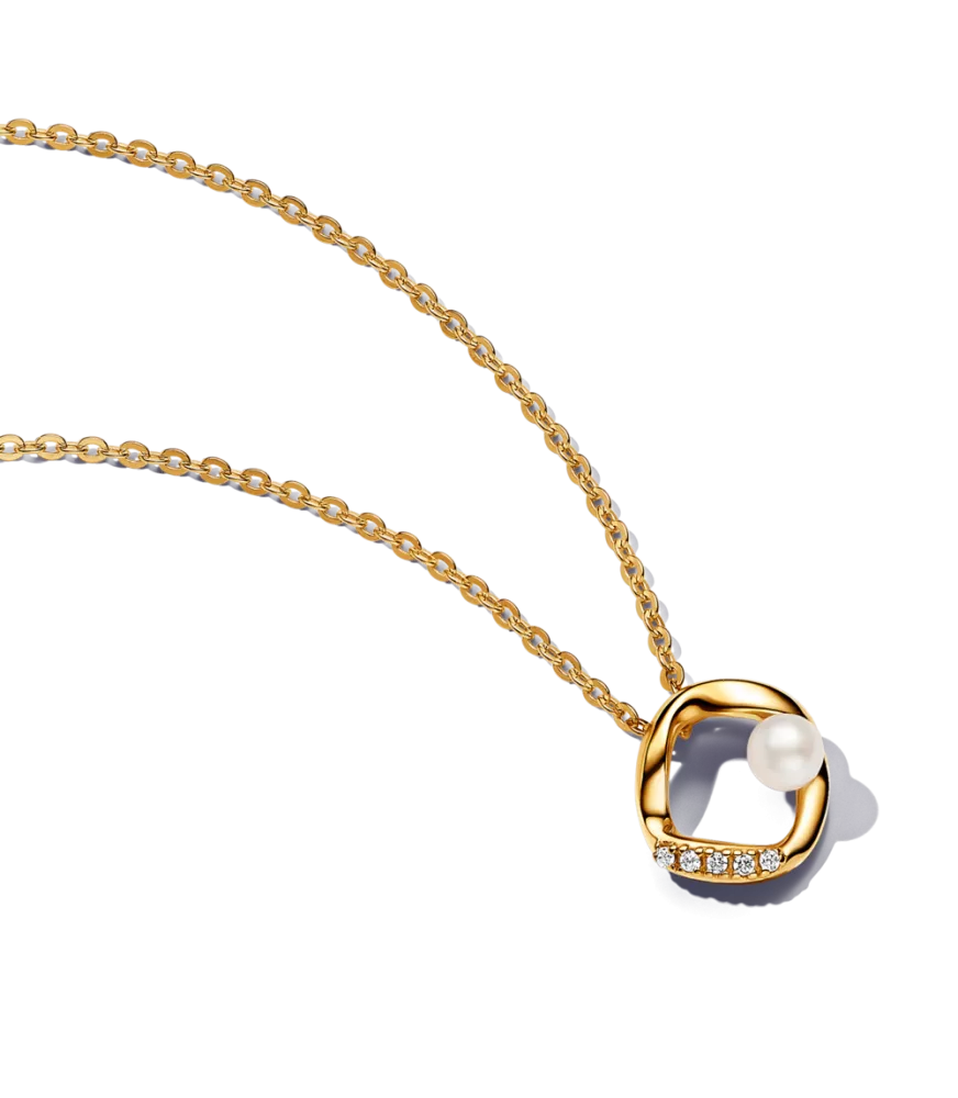 Collar con un recubrimiento en oro de 14k Círculo Forma Orgánica en Pavé y Perla Cultivada de Agua Dulce