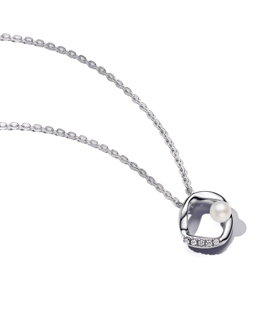 Collar en plata de ley Círculo Forma Orgánica en Pavé y Perla Cultivada de Agua Dulce​