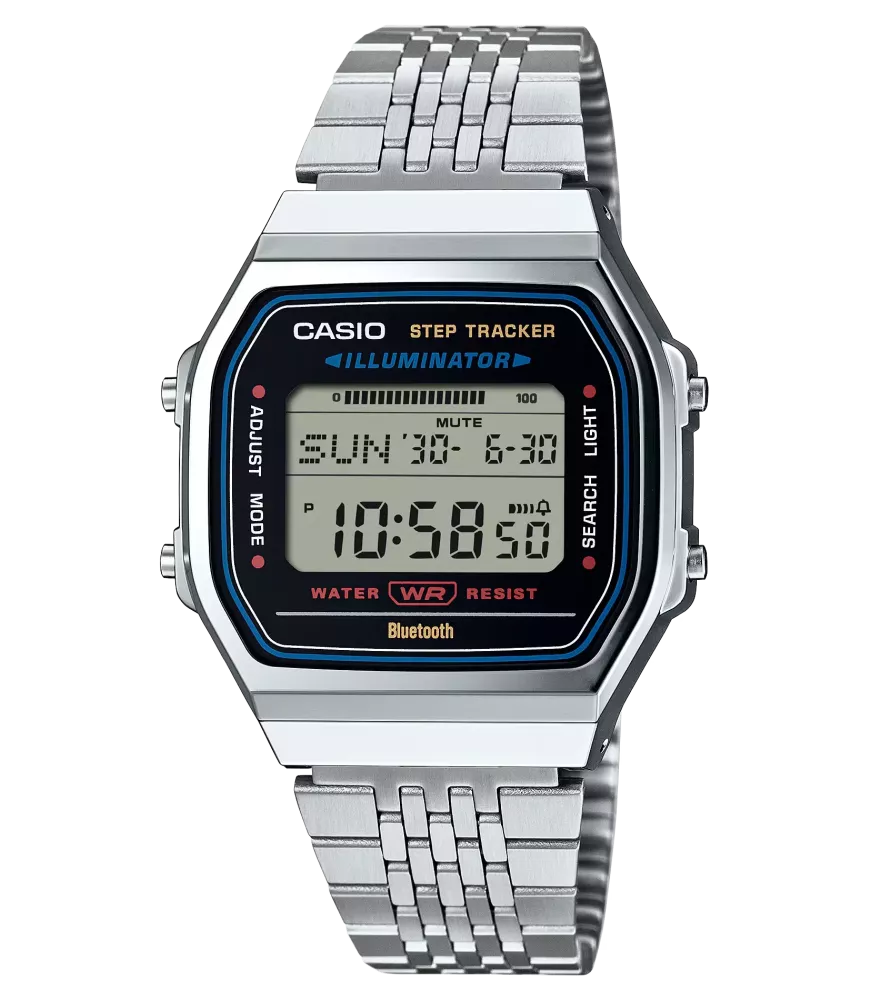 Reloj Casio vintage digital, con esfera negra y brazalete de acero.