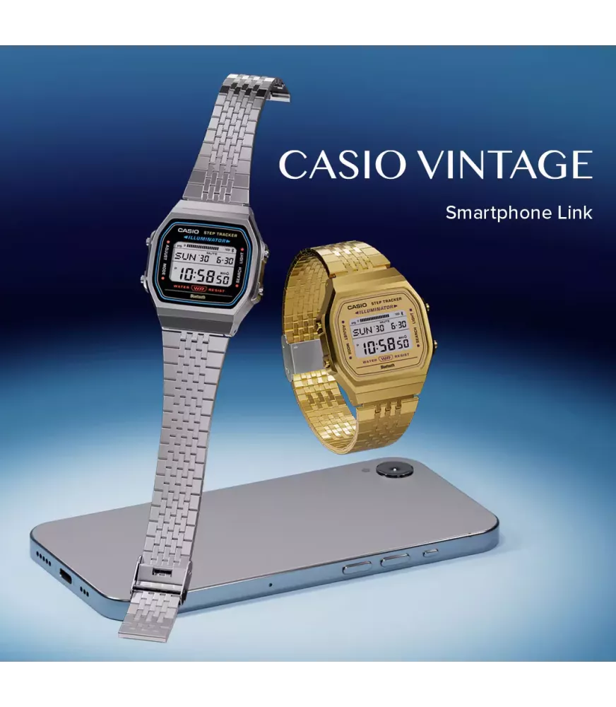 Reloj Casio vintage digital, con esfera dorada y brazalete de acero dorado.
